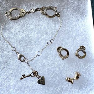 Set of 2. Gold Silver Crystal Handcuff & Key Charm Bracelet and Earrings Set